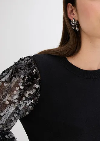 Pulover din tricot fin cu mâneci cu paiete • negru • magazin bonprix