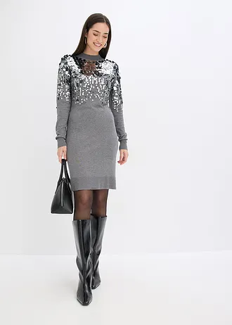 Robe en maille avec sequins sur le haut, Couleur: gris chiné