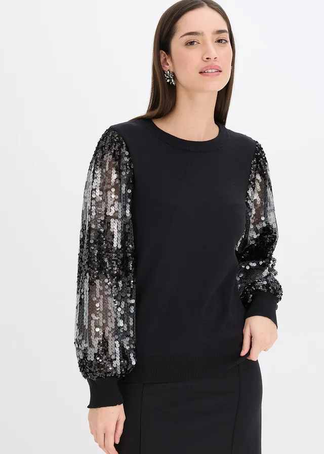 Pull en fine maille avec manches à sequins • noir • product-page.page-title-suffix