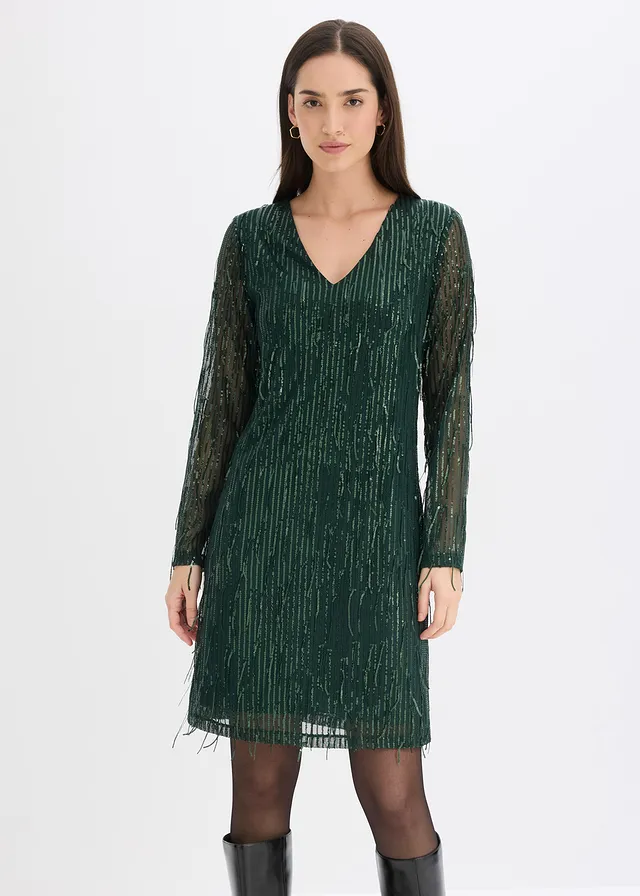 Robe à sequins et franges, Couleur: vert profond