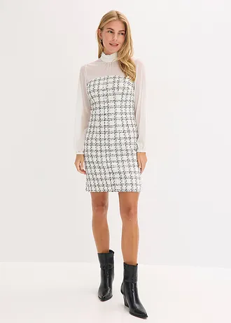 Robe courte en maille bouclette avec manches en mousseline • blanc/noir carreaux • Boutique bonprix