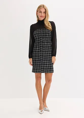 Robe courte en maille bouclette avec manches en mousseline • noir/blanc carreaux • Boutique bonprix