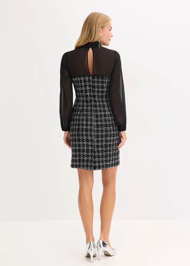 Robe courte en maille bouclette avec manches en mousseline • noir/blanc carreaux • product-page.page-title-suffix