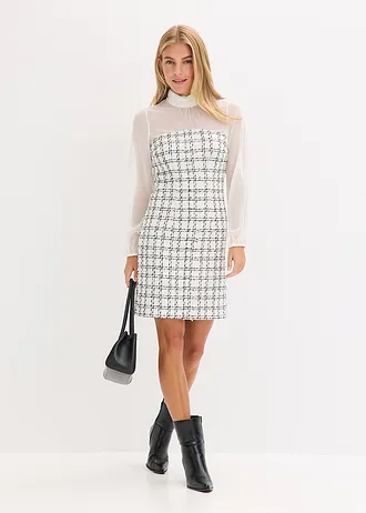 Robe courte en maille bouclette avec manches en mousseline • blanc/noir carreaux • Boutique bonprix