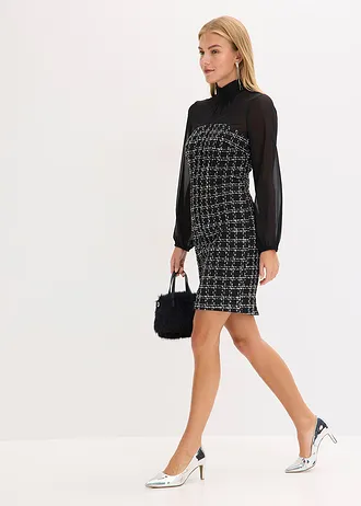 Robe courte en maille bouclette avec manches en mousseline • noir/blanc carreaux • Boutique bonprix