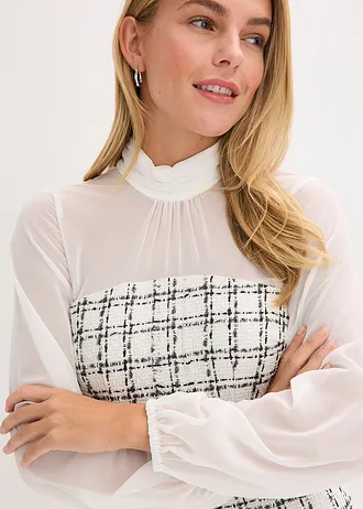 Robe courte en maille bouclette avec manches en mousseline • blanc/noir carreaux • Boutique bonprix