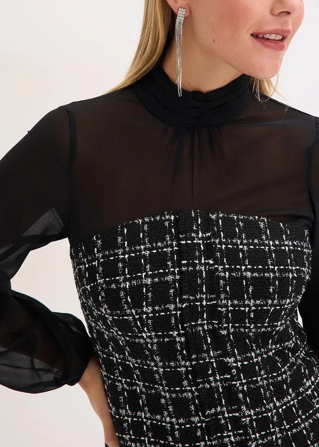 Robe courte en maille bouclette avec manches en mousseline • noir/blanc carreaux • product-page.page-title-suffix
