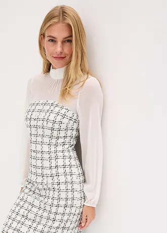 Robe courte en maille bouclette avec manches en mousseline • blanc/noir carreaux • Boutique bonprix