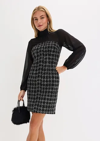 Robe courte en maille bouclette avec manches en mousseline • noir/blanc carreaux • Boutique bonprix