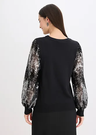 Pull en fine maille avec manches à sequins • noir • Boutique bonprix