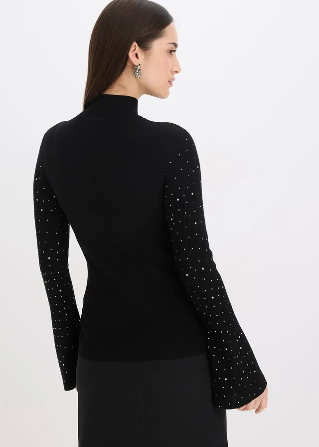 Pull en fine maille à manches trompette décorées de strass • noir • product-page.page-title-suffix