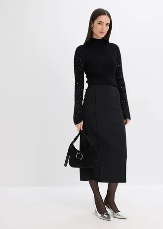 Pulover din tricotaj fin cu mâneci tip trompetă cu ștrasuri • negru • magazin bonprix