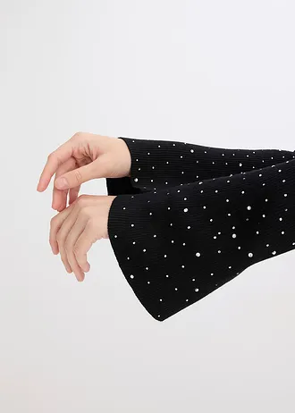 Pull en fine maille à manches trompette décorées de strass • noir • Boutique bonprix
