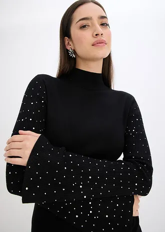 Pulover din tricotaj fin cu mâneci tip trompetă cu ștrasuri • negru • magazin bonprix