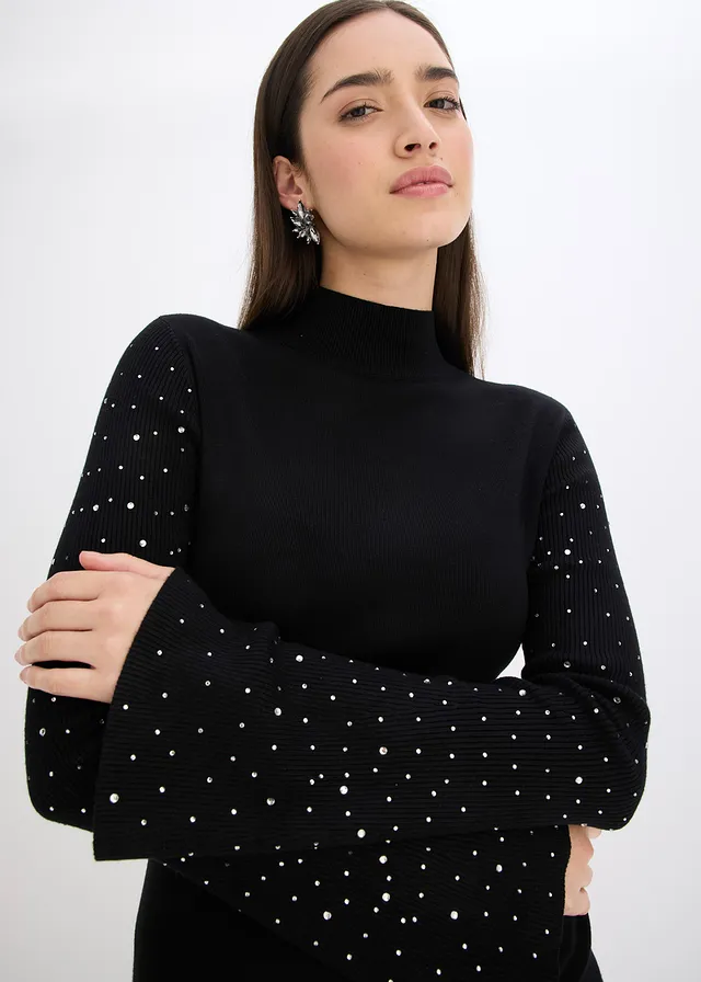Pull en fine maille à manches trompette décorées de strass • noir • product-page.page-title-suffix
