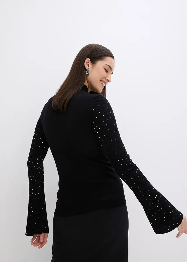 Pull en fine maille à manches trompette décorées de strass • noir • product-page.page-title-suffix