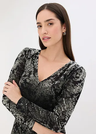 Hosszú ujjú póló Dévoré bársonyból • fekete/zöld • bonprix áruház