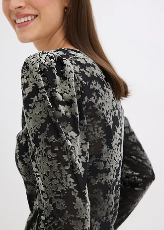 T-shirt manches longues en velours dévoré • noir-vert floral • Boutique bonprix