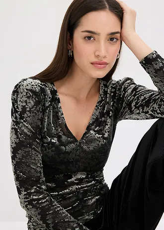 Bluzka  z długim rękawem z wypalanego aksamitu • czarno-zielony w kwiaty • sklep bonprix
