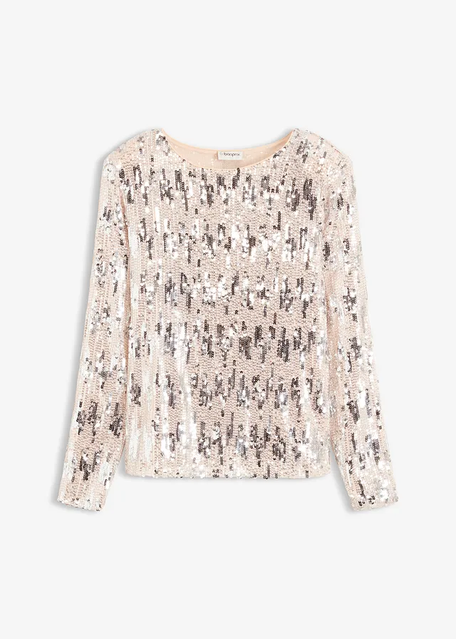 Longsleeve met pailletten, Kleur: beige/zilverkleur