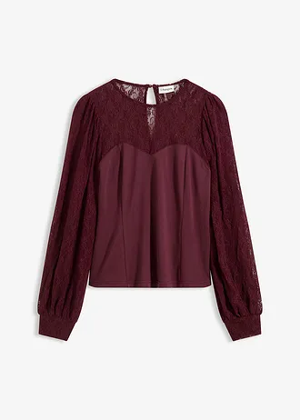 Longsleeve met kant, Kleur: wijnrood