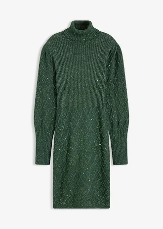 Rochie tricotată ornată cu paiete • verde închis • magazin bonprix