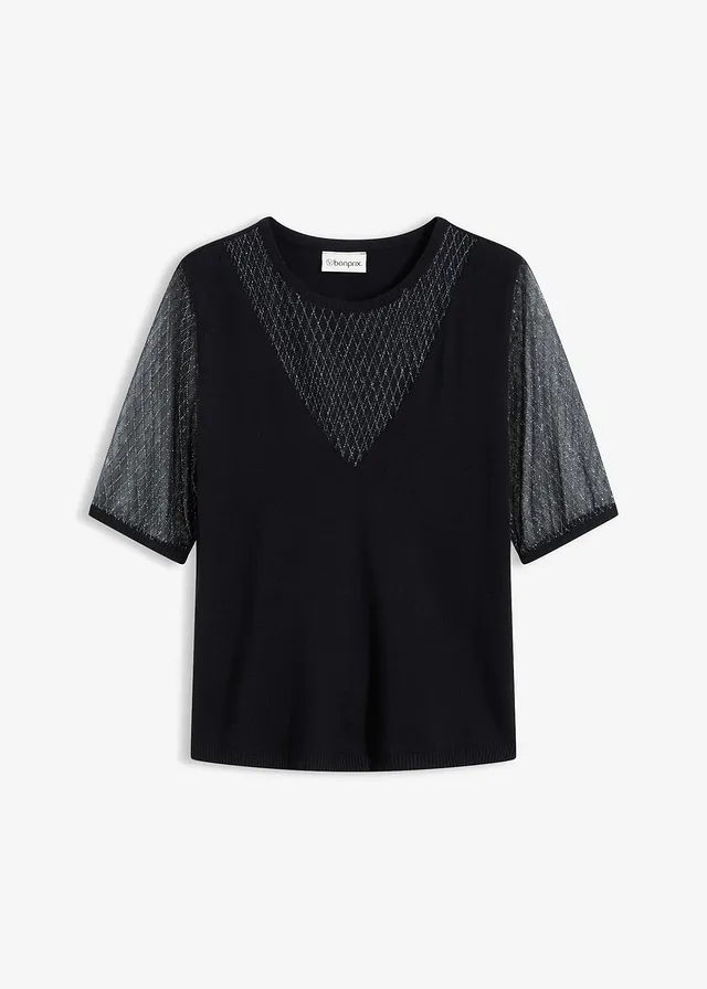 Fijn gebreide trui met mesh inzetstuk, Kleur: zwart