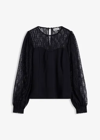 T-shirt manches longues à dentelle, Couleur: noir