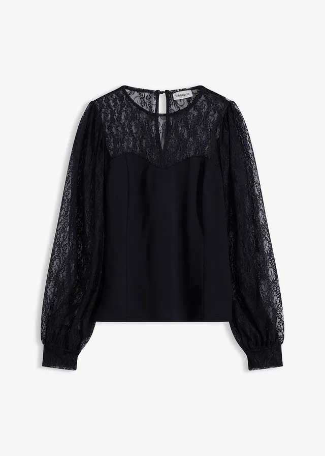 T-shirt manches longues à dentelle • noir • Boutique bonprix