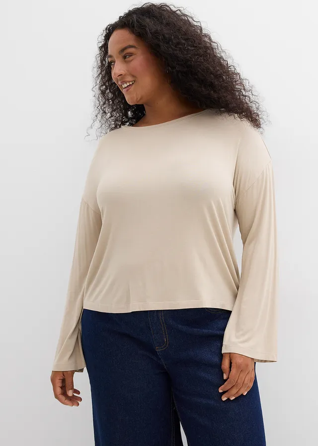 Oversized shirt in een soepele viscose-elastanmix, Kleur: sand