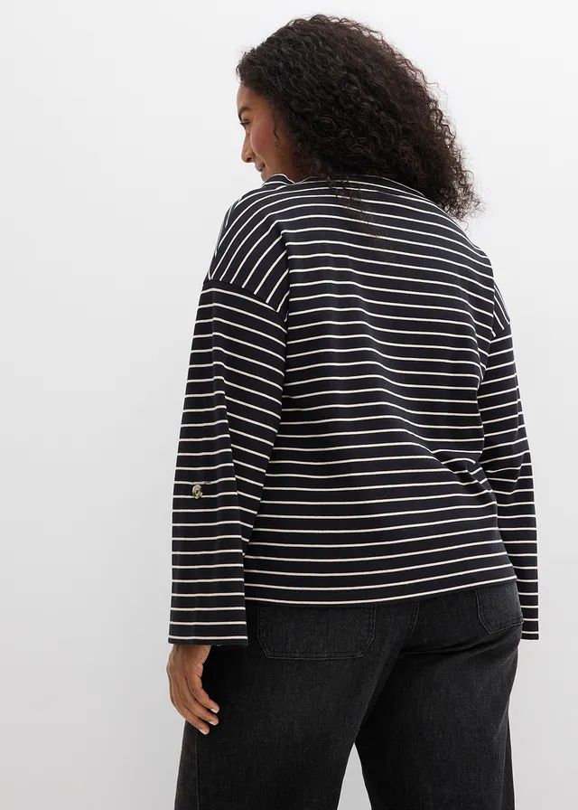 Bluza oversize z czystej bawełny, kolor: czarno-beżowy w paski