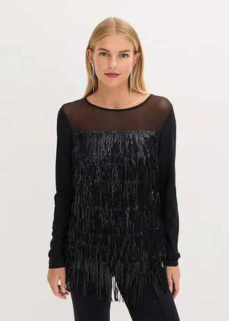 T-shirt manches longues à franges et sequins • noir • Boutique bonprix