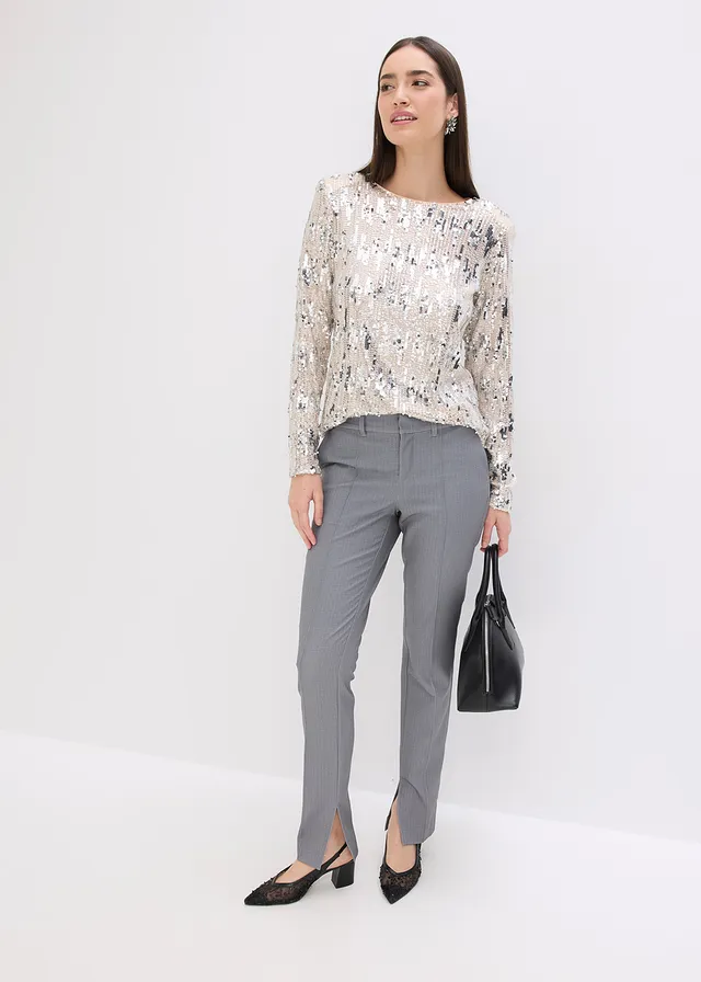 Longsleeve met pailletten, Kleur: beige/zilverkleur