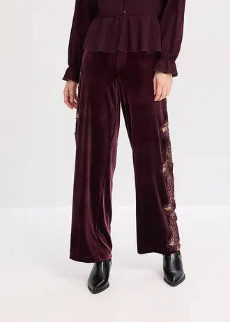 Pantalon large en velours doux avec empiècement dentelle • bordeaux • Boutique bonprix