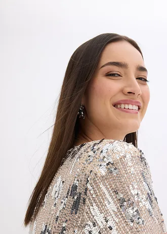 Bluză cu mâneci lungi și paiete • bej-argintiu • magazin bonprix