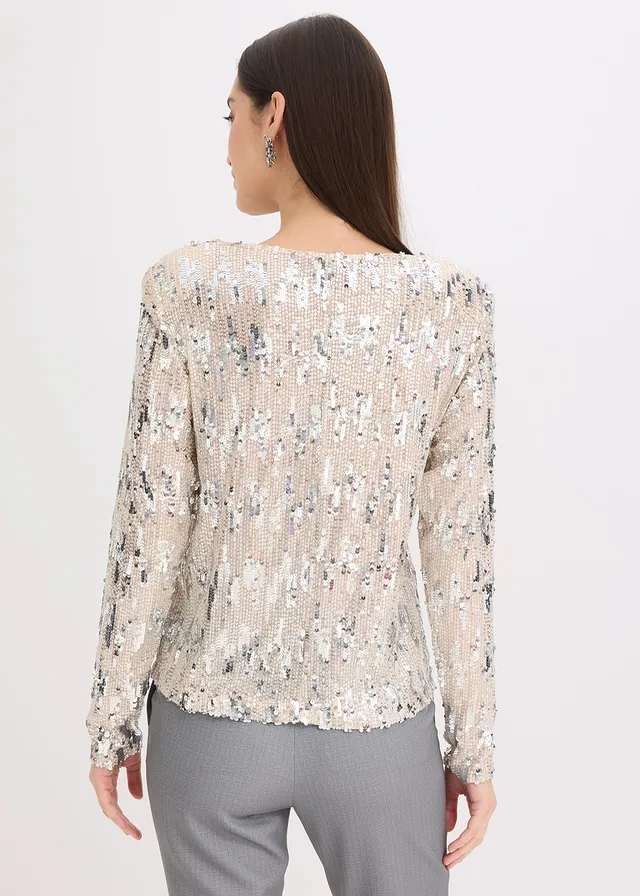 Longsleeve met pailletten, Kleur: beige/zilverkleur