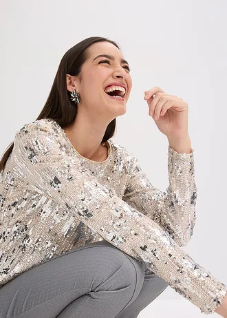 Tričko s dlhým rukávom s flitrami • béžová-strieborná • obchod bonprix