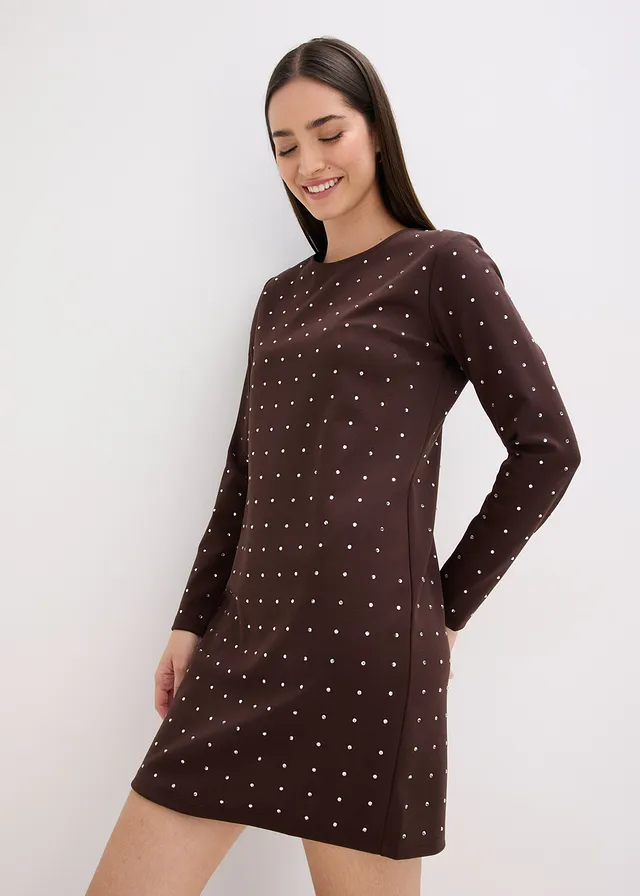Rochie din jerse cu aplicații • maro închis • magazin bonprix