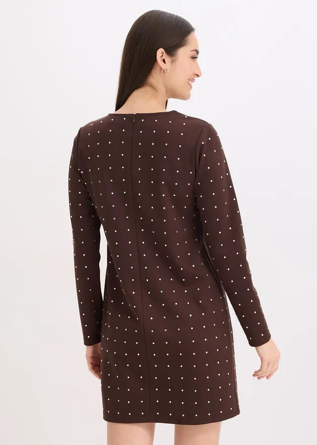 Jersey jurk met strass-applicaties, Kleur: donkerbruin