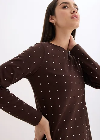 Jersey jurk met strass-applicaties • donkerbruin • bonprix online shop
