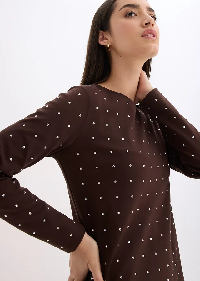 Rochie din jerse cu aplicații • maro închis • magazin bonprix