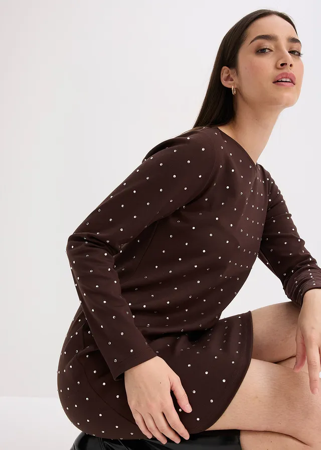 Rochie din jerse cu aplicații • maro închis • magazin bonprix