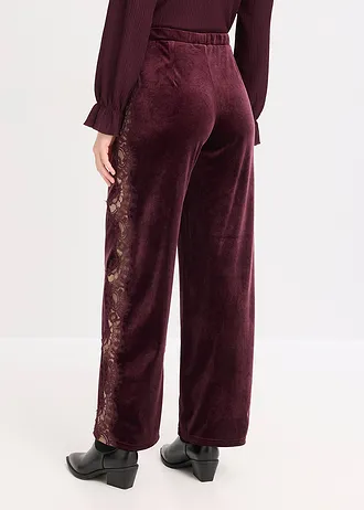 Pantalon large en velours doux avec empiècement dentelle • bordeaux • Boutique bonprix