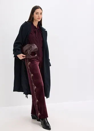 Pantalon large en velours doux avec empiècement dentelle • bordeaux • Boutique bonprix