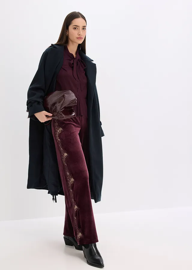 Pantalon large en velours doux avec empiècement dentelle bordeaux
