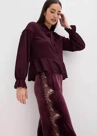 Pantaloni Marlene din catifea moale cu inserție din dantelă • roșu-vineriu/bej-cretă • magazin bonprix