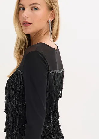 T-shirt manches longues à franges et sequins • noir • Boutique bonprix