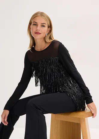 T-shirt manches longues à franges et sequins • noir • Boutique bonprix