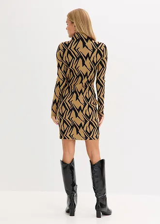 Accentuerende gebreide jurk met col, Kleur: zwart-beige grafische print
