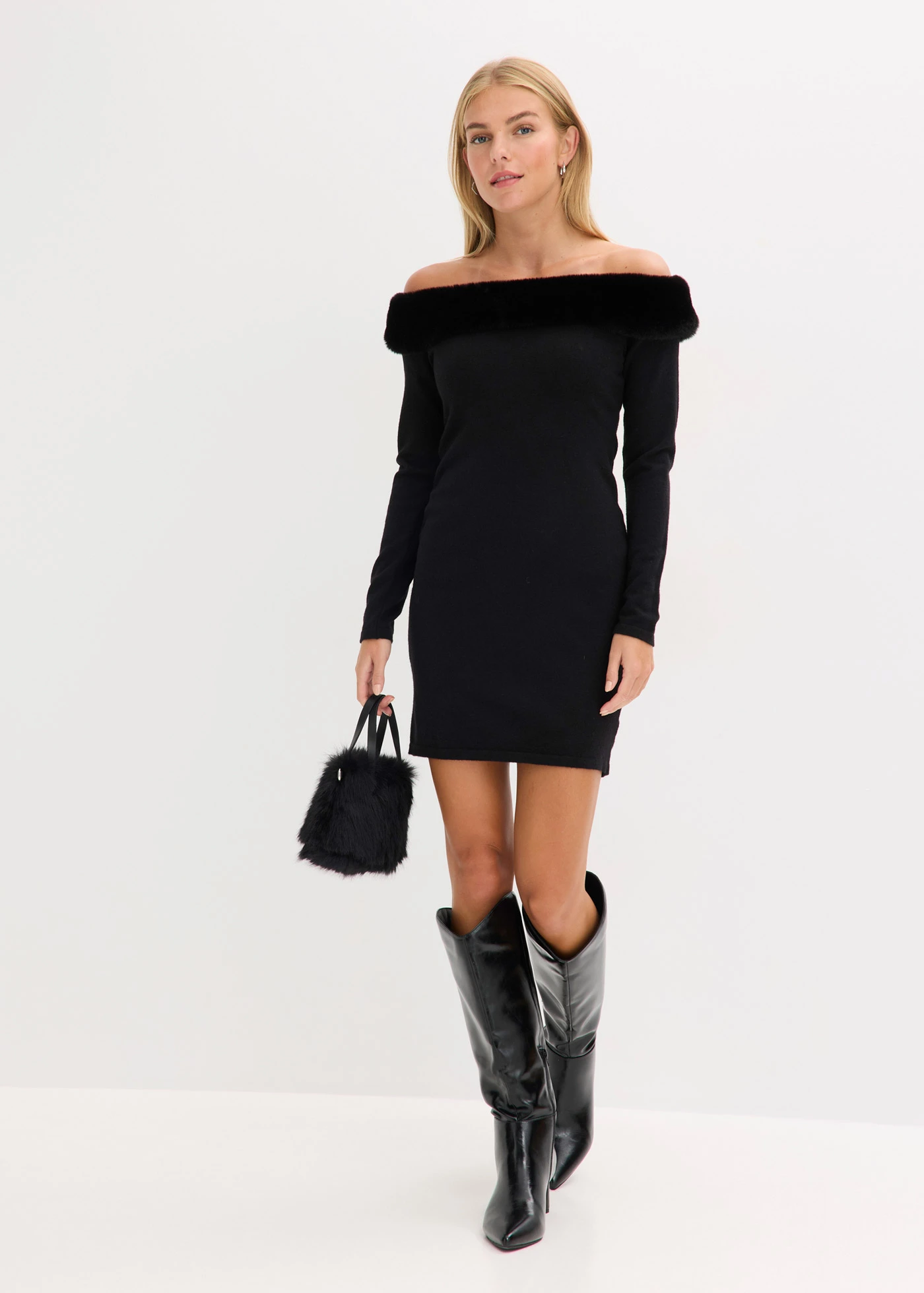 Gebreide jurk met rand van imitatiebont • zwart • bonprix online shop